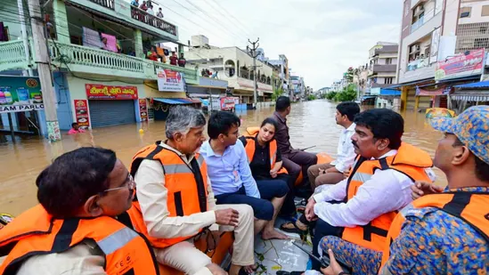 Andhra Pradesh chief minister N Chandrababu Naidu visiting a flood-affected area