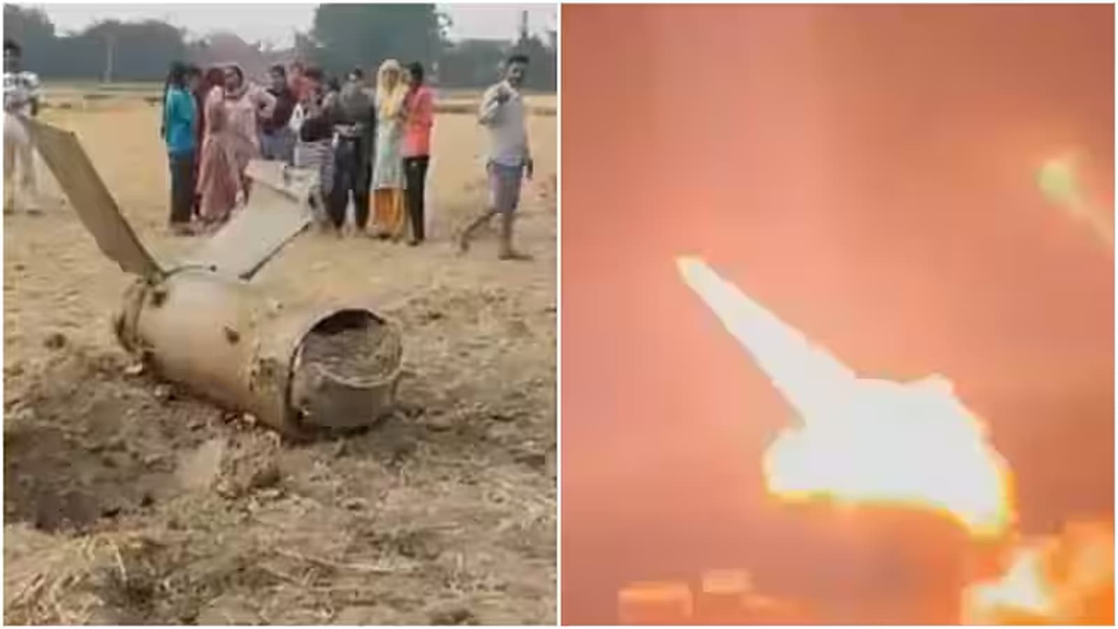 Screenshots of the videos doing the rounds of social media, claiming to show the debris (left) of the Fatah-II Missile in Haryana that was launched (right) on May 10. (Source : X@DeepikaBhardwaj)