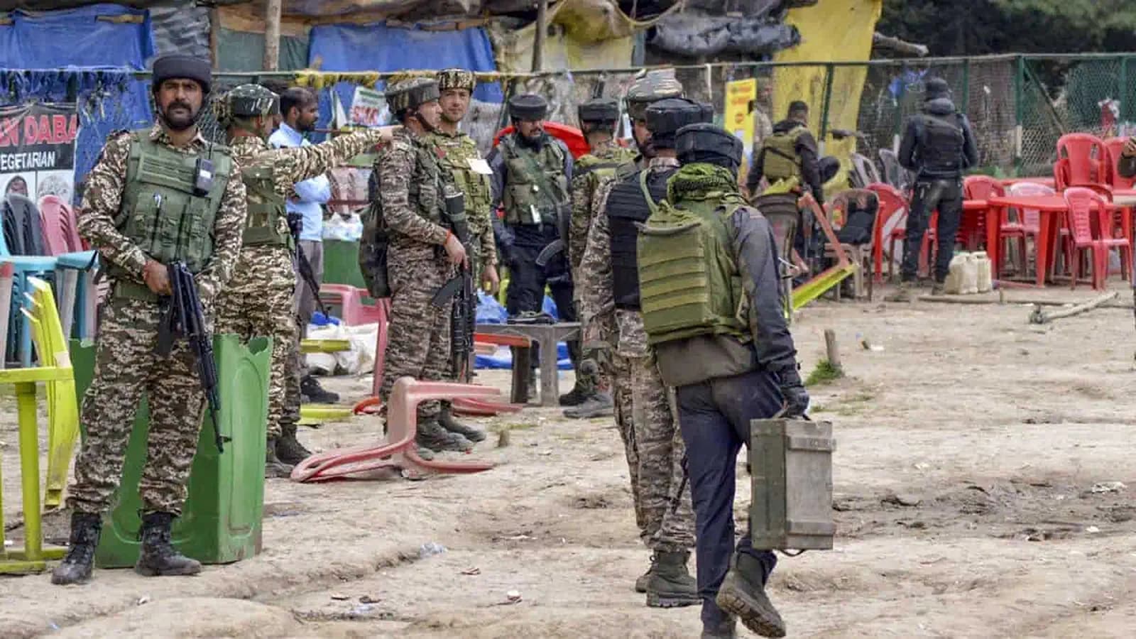 Indian Army personnel at the site of the Pahalgam terror attack in Anantnag district, Jammu and Kashmir, on Wednesday, April 23, 2025. At least 26 people were killed in the terrorist attack. (PTI Photo)