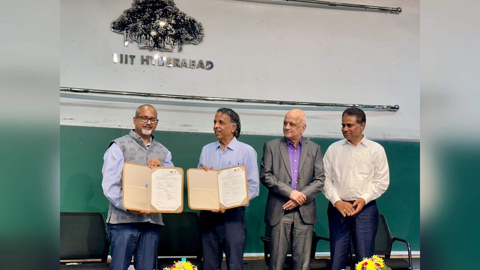 Image from L to R: Prof Sandeep Shukla, Prof P J Narayanan, Shri R Chandrashekhar & Shri C Srini Raju