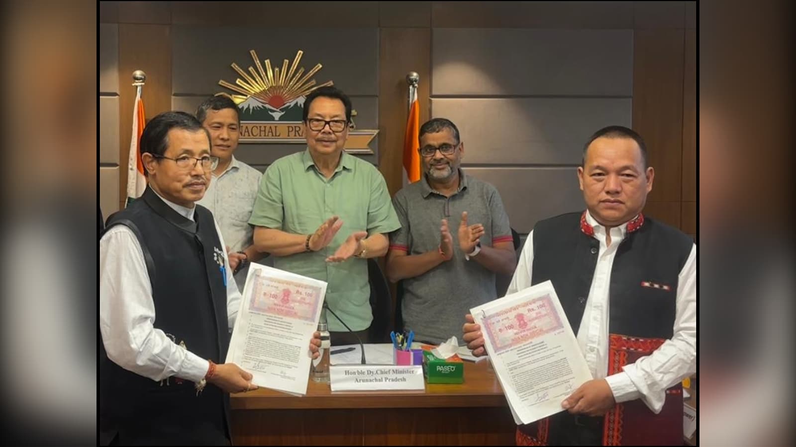 (L to R) Deputy Commissioner - Siang, Tayi Taggu, Minister (RD & PR) Ojing Tasing, Deputy Chief Minister Chowna Mein, Chief Secretary Manish Kumar Gupta and the representative from Parong after the MoU signing ceremony in Itanagar on Sept 20.